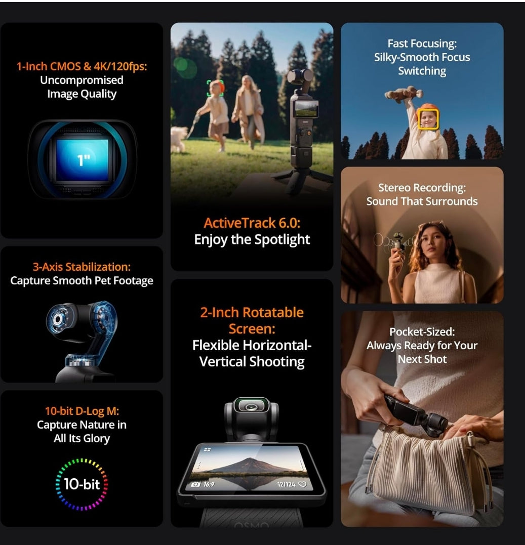 DJI Osmo Pocket 3, Vlogging Camera with 1'' CMOS & 4K/120fps Video, 3-Axis Stabilization, Fast Focusing, Face/Object Tracking, 2" Rotatable Touchscreen, Small Video Camera for Photography, YouTube